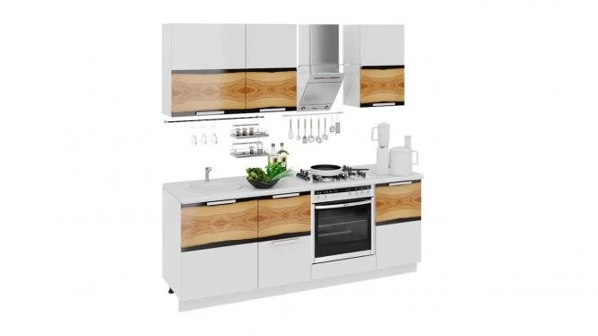 Готовый Набор для кухни длиной - 210 см (со шкафом НБ) ГН72_210_2 (НБ) белый/черный/светло-коричневый